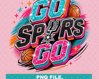 Go Spurs Go Vintage PNG, Design de Basquete Neon dos Anos 90, Gráfico Retrô para Fãs do San Antonio, Sublimação para Camisetas de Dia de Jogo, Download Digital Instantâneo