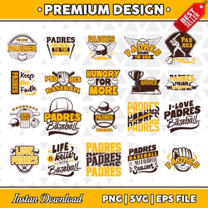 May include: A collection of baseball-themed graphics featuring the word "Padres" in various designs. Includes baseballs, bats, and phrases like "Bring the Gold" and "I Love Padres Baseball." The image also includes the text "Premium Design."