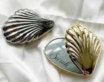 Spersonalizowane lusterko kompaktowe w kształcie muszli, lusterko do makijażu z grawerowanym imieniem, małe lusterko ręczne, prezent dla druhny, upominek ślubny, lustro na zamówienie