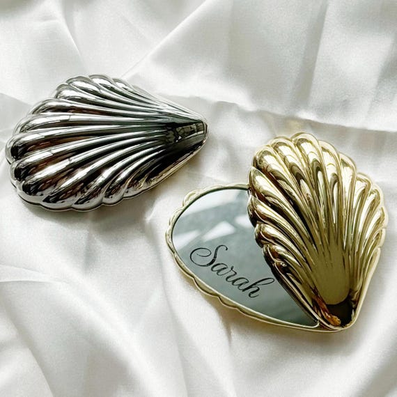 Personalized Shell Compact Mirror, Engraved Name Makeup Mirror, Small Handheld Mirror, Bridesmaid Gift, Wedding Favor, Custom Mirror
