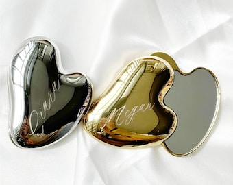 Espejo compacto con forma de corazón personalizado, mini espejo de bolsillo grabado, espejo de doble cara, espejo de billetera grabado personalizado, regalo para dama de honor.