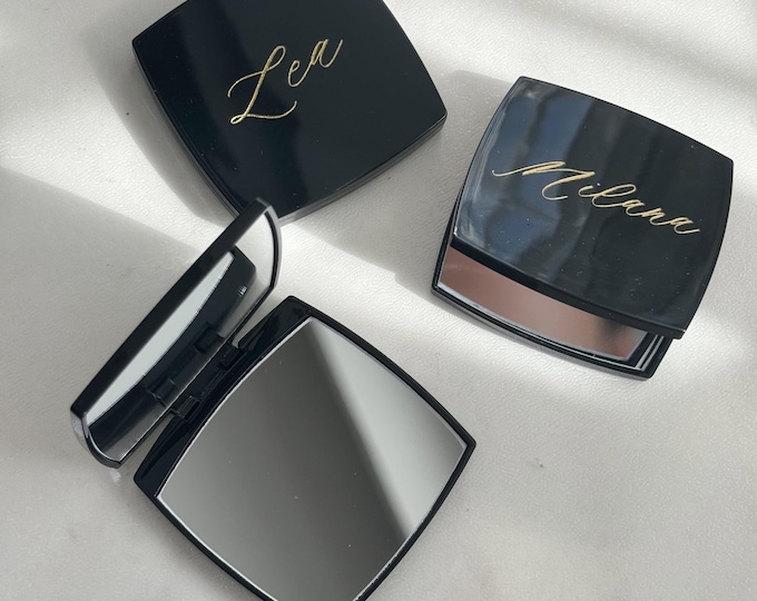 Personalized Pocket Makeup Mirror, Custom Black Square Compact Mirror, Engraved Pocket Makeup Mirror, Compact Mirror With Name