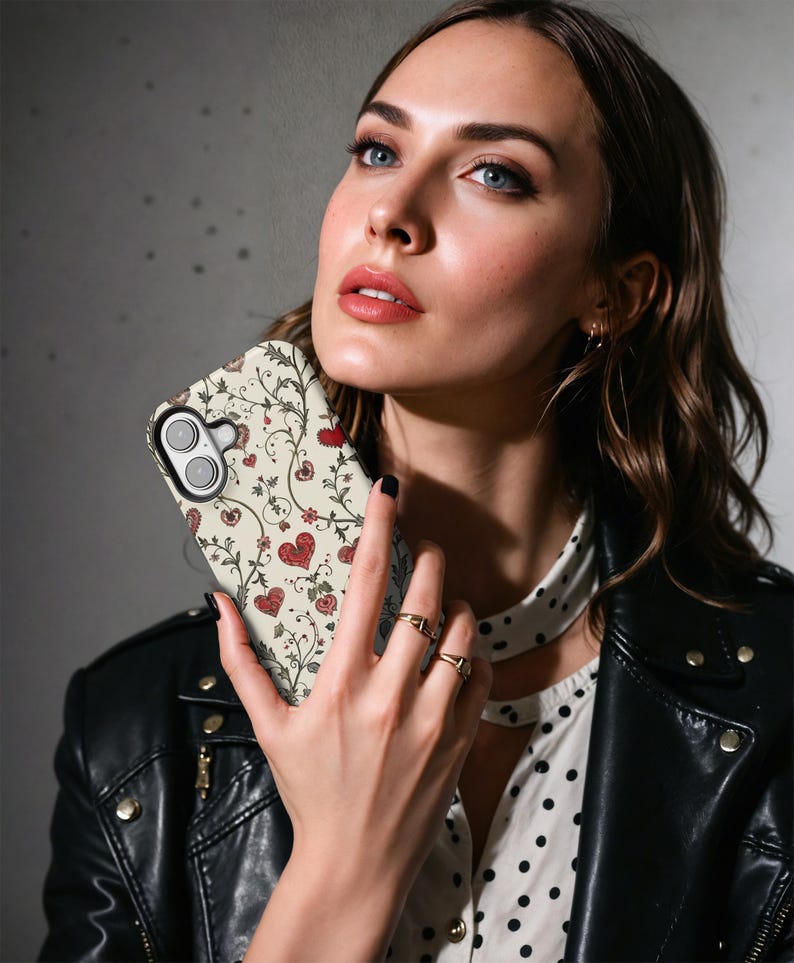 May include: A phone case with a cream background featuring a pattern of red hearts, vines, and flowers. The case is held in front of a person wearing a black leather jacket and a white polka dot shirt.