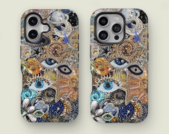 Vintage Mosaic Collage Phone Case, Sun Celestial Mosaic Phone Case, iPhone 17 16 15 14 13 12 11 Pro Max XS, Samsung Galaxy S25 S24 S23 Ultra
