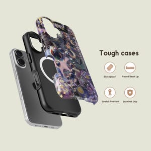 May include: A phone case with a colorful, abstract design featuring purple, blue, and gold elements. The case is shown in layers, with the phone and inner case visible. Text reads "Tough cases" with icons for features like shake-proof and scratch resistance.