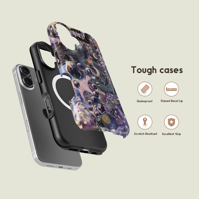May include: A phone case with a colorful, abstract design featuring purple, blue, and gold elements. The case is shown in layers, with the phone and inner case visible. Text reads "Tough cases" with icons for features like shake-proof and scratch resistance.