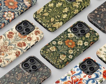Coque de téléphone William Morris, motif floral bohème, compatible iPhone 17, 16, 15, 14, 13, 12, 11, Air, Pro Max, MagSafe, Samsung Galaxy S26, S25, S24, S23 Ultra.