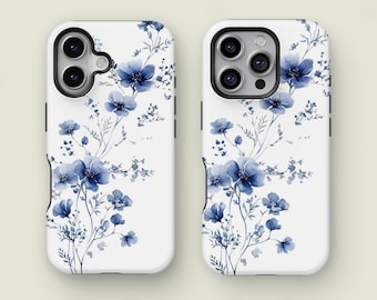 Blauwe bloemen telefoonhoesje, minimalistische bloemenomslag, elegante bloemenhoes, telefoon 16 15 14 13 12 11 Pro Max XS, Samsung S25 S24 S23 S22 S21 Ultra