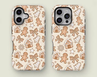 Funda navideña para iPhone 17, 16, 15 y 14 Pro Max con diseño de hombre de jengibre. Diseño adorable de galleta navideña. Regalo acogedor de invierno en color beige para Samsung Galaxy S25 y S24.