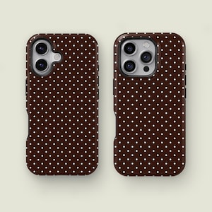 May include: Two brown phone cases with a white polka dot pattern. The cases are designed to fit a smartphone and have cutouts for the camera and buttons. The cases are made of a durable material and offer protection for the phone.
