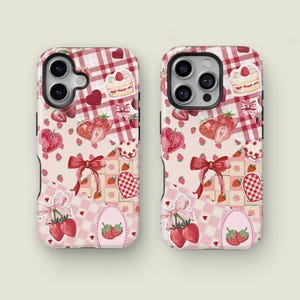May include: Two phone cases with a repeating pattern of strawberries, bows, hearts, and cake slices on a pink and red gingham background. The cases have a glossy finish and a protective design.