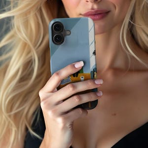 以下が含まれることがあります： カラフルなイラストが描かれたスマートフォンケース。青、黄、緑の要素で構成されたデザインで、テーブル、カップ、抽象的な形が含まれています。ケースは人の手に持たれています。