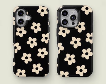 Funda retro floral en blanco y negro para iPhone 16, 15, 14, 13 y 12 Pro Max, Samsung S25 y S24 Ultra. Regalos únicos para chicas.
