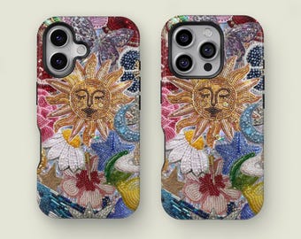 Vintage Simulation Phone Case, Sun Celestial Mosaic Collage Phone Case,iPhone 17 16 15 14 13 Pro Max XS,  Samsung Galaxy S25 S24 S23 Ultra