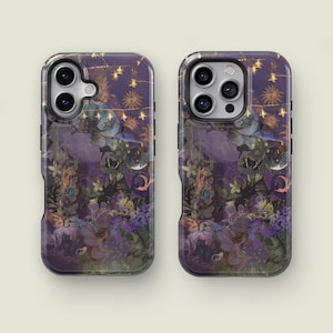 May include: Two phone cases with a floral and celestial design. The cases feature a dark purple background with illustrations of flowers, moons, stars, and other celestial elements. The cases have a glossy finish and are designed to fit a smartphone.