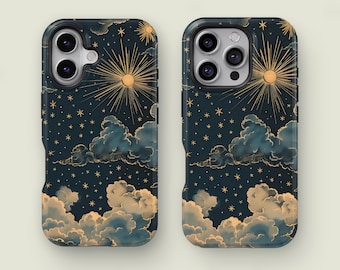 Celestial Sun & Clouds Phone Case, Boho Aesthetic Golden Starry Sky Cover for iPhone 17 16 15 14 13 12 11 Pro Max, Samsung S25 S24 S23 Ultra