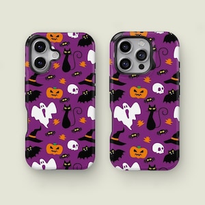 May include: Two phone cases with a Halloween pattern. The design features pumpkins, black cats, bats, spiders, ghosts, witch hats, and skulls on a purple background. The cases are designed to fit a smartphone.