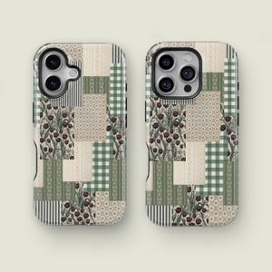 May include: Two phone cases with a patchwork design. The cases feature a mix of patterns, including floral, striped, and gingham, in shades of green, cream, and black. The floral pattern includes dark red flowers.