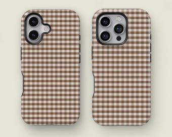 Brown Gingham Phone Case for iPhone 17 16 15 14 13 Pro Max, Samsung Galaxy S25 S24, Neutral Checkered Case, Retro Aesthetic Minimalist Cover