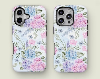 Watercolor Floral Phone Case, Hydrangea Blooms, Blue and Pink Flowered, iPhone 17 16 15 14 13 12 11 Pro Max Magsafe, Samsung S26 S25 Ultra