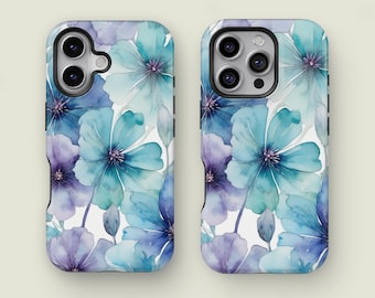 Blue and Purple Flowers Phone Case, Watercolor Phone Case, Trendy Phone Case, Phone 16 15 14 13 12 Pro Max XS, Samsung S25 S24 S23 S22 Ultra
