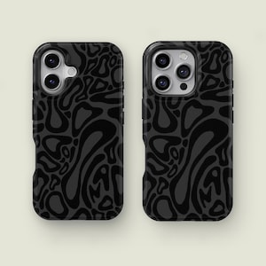 May include: Two black phone cases with a repeating abstract pattern. The pattern features swirling, organic shapes in varying shades of black. The cases have camera cutouts and button placements.