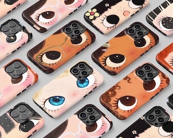 Dreamy Big Eyes Comic Girl Double Layer Phone Case, Collage Retro Art Style Tough Phone Case for iPhone 18 17 16 15 14 13 12 +, Samsung S26