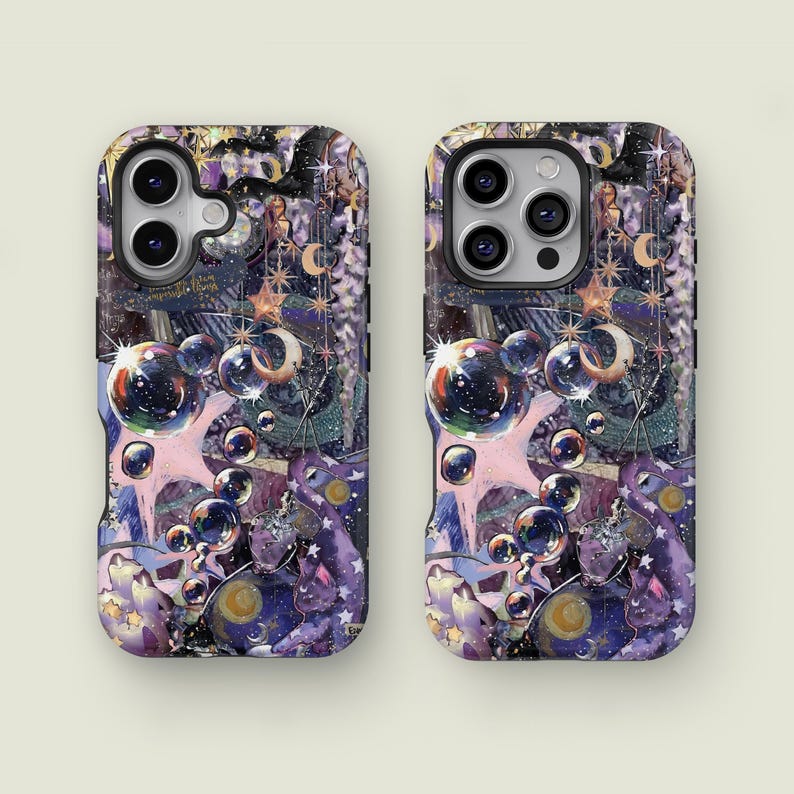 May include: Two phone cases with a colorful, whimsical design. The cases feature a repeating pattern of bubbles, stars, moons, and other celestial elements in shades of purple, blue, and pink. The cases have a glossy finish.