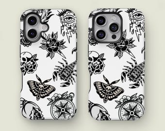 Tattoo Phone Case, Black & White, Old School, Vintage Collage Phone Case, iPhone 17 16 15 14 13 12 11 Pro Max, Samsung S26 S24 S23 S22 S21