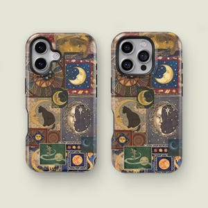 May include: Two phone cases with a celestial design. The cases feature a patchwork of squares with moons, stars, cats, and faces. The color palette includes blues, golds, and reds. The cases are designed to fit a smartphone.