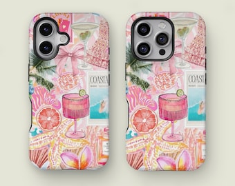 ビーチシーサイドスマホケース、夏の美学、コラージュスマホケース、iPhone 17 16 15 14 13 12 11 Pro Max XS、Samsung Galaxy S25 S24 S23 Ultra