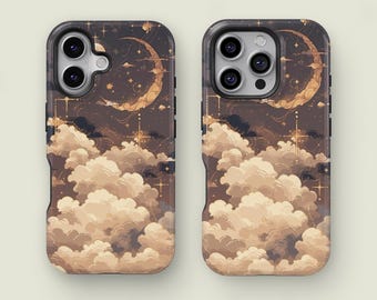 White Cloud Stars and Moon Astrsal Celestial Phone Case for iPhone 17 16 15 14 13 12 Pro Max, Samsung Galaxy S25 S24 S23 S22 S21 S20 Ultra