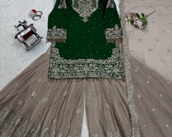 Pakistani Designer Chinon Silk fully embroidered Sequence Work Readymade Salwar Kameez Stitched Wedding Wear Suits