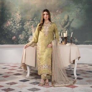 Pakistani Designer Chinnon silk fully embroidered Sequence Work Readymade Salwar Kameez Stitched Wedding Wear Suits
