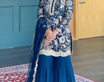 Pakistani Designer Blue Georgette fully embroidered Sequence Work Readymade Salwar Kameez Stitched Wedding Wear Suits