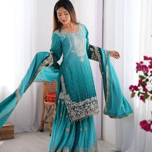 Pakistani Designer Chinon Silk fully embroidered Sequence Work Readymade Salwar Kameez Stitched Wedding Wear Suits