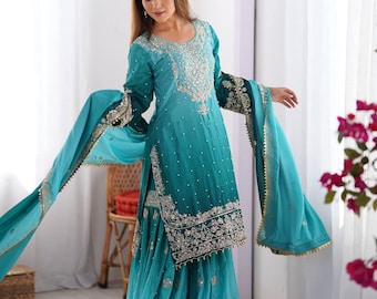 Pakistani Designer Chinon Silk fully embroidered Sequence Work Readymade Salwar Kameez Stitched Wedding Wear Suits