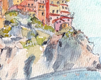 Acuarela original pintada a mano de Positano / Arte mural mediterráneo de la Costa Amalfitana