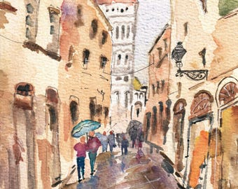 Acuarela original de una calle florentina / Arte urbano italiano, gente, cafés (pintado a mano)