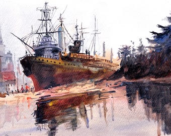 Pintura original en acuarela de una vista del puerto / Paisaje marino, personas, barco (pintada a mano)