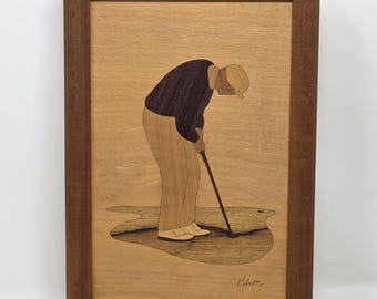 VINTAGE Hudson River Inlay Wood Marquetry by Nelson GOLF Putter 9.75x6.75 Framed