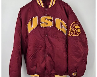 Chaqueta vintage USC Trojans con cierre de presión de satén para hombre, talla grande, roja, con aislamiento, Coliseo