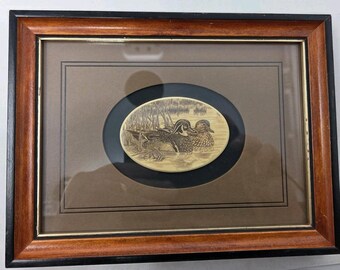 Cuadro antiguo de patos ánade real enmarcado con grabado y scrimshaw de Stephen Barlow, 8x6