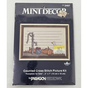 以下が含まれることがあります： Paragon Needlecraft社製のMini Decorカウントクロスステッチキット「Pumpkins for Sale」。パッケージには、手押しポンプ、カボチャ、ガチョウが描かれた13cm x 18cmのデザインが示されています。DMC刺繍糸が含まれており、上部には吊り下げ用の穴があります。