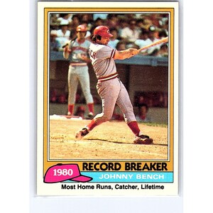 May include: A 1980 Johnny Bench baseball card featuring a photograph of the player in a grey uniform swinging a bat on a dirt field. The card includes the text RECORD BREAKER, 1980, JOHNNY BENCH, and Most Home Runs, Catcher, Lifetime.