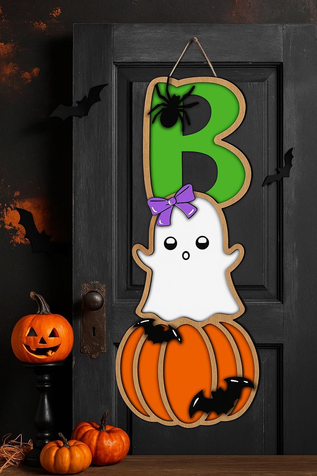Cute Halloween Ghost Sign with Pumpkin,Halloween Letter B Wall Art - Pumpkin,Spider,Personalized Halloween Door Sign - Ghost & Pumpkin