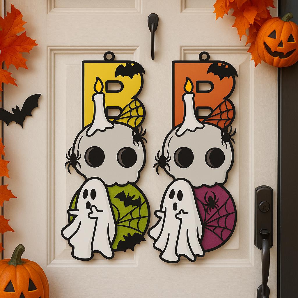 Halloween Door Sign | Cute Boo Ghost & Skull Wooden Hanging Decoration | Halloween Front Door Ornament | Fall Decor for Porch or Wall