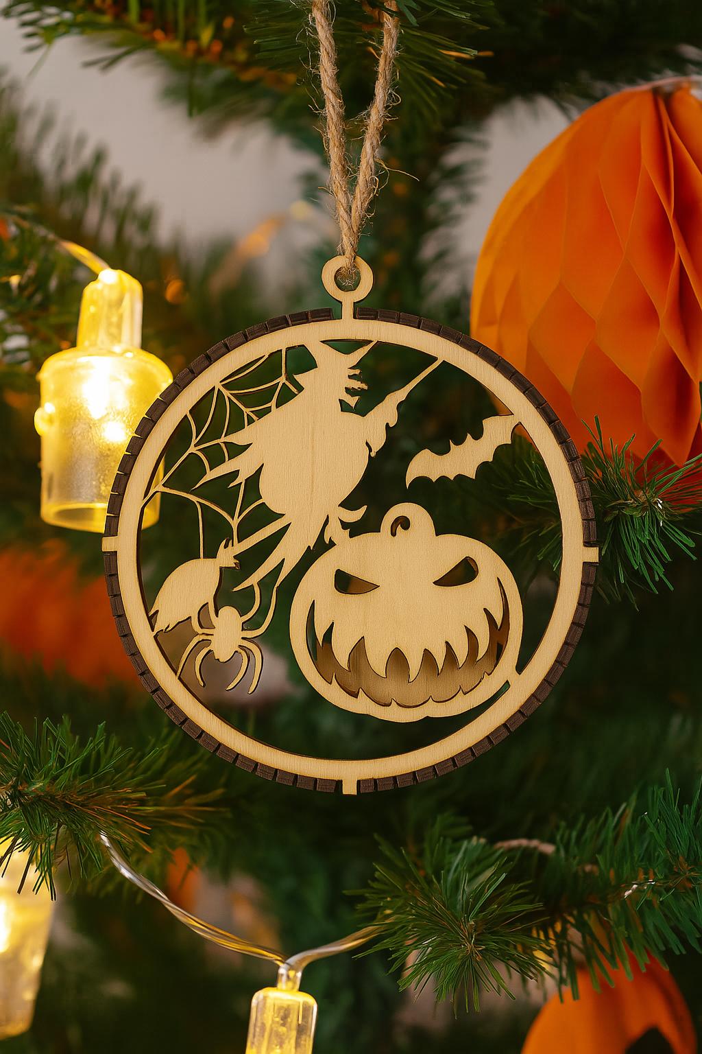 Halloween Wood Ornament - Witch, Bat & Pumpkin Decor,Wooden Pumpkin Witch,Spooky Tree Ornament - Witch Bat Spider Halloween Decor