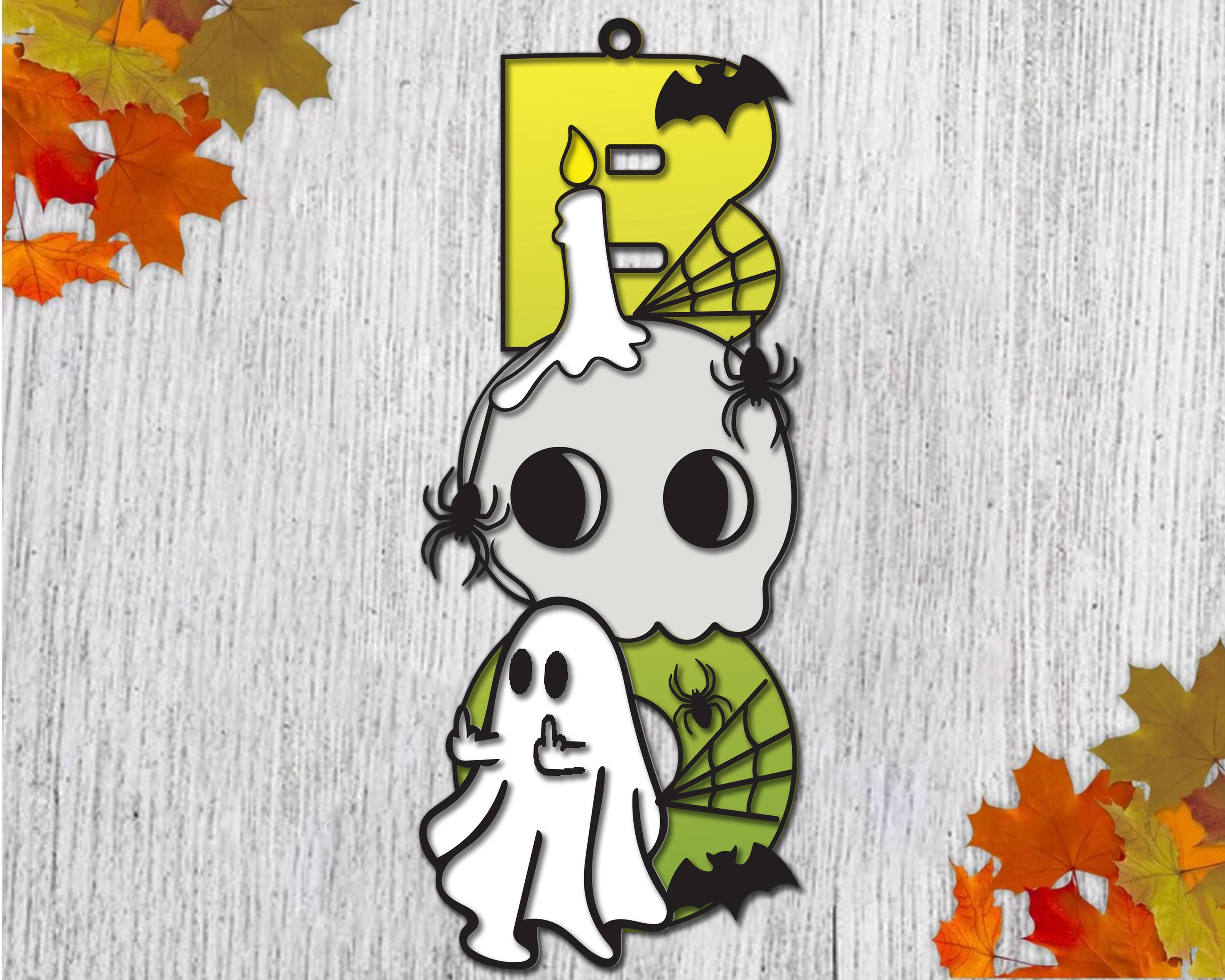 Halloween Door Sign | Cute Boo Ghost & Skull Wooden Hanging Decoration | Halloween Front Door Ornament | Fall Decor for Porch or Wall