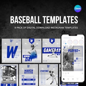 May include: Baseball templates for Instagram posts. The design features a variety of layouts with blue and white color schemes. The templates include game day, player stats, and schedule information. The text "Baseball Templates" is displayed prominently.